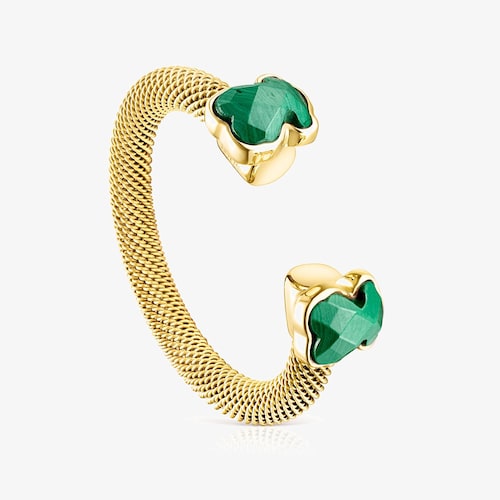 Anillo abierto de acero IP dorado y malaquita Mesh Color