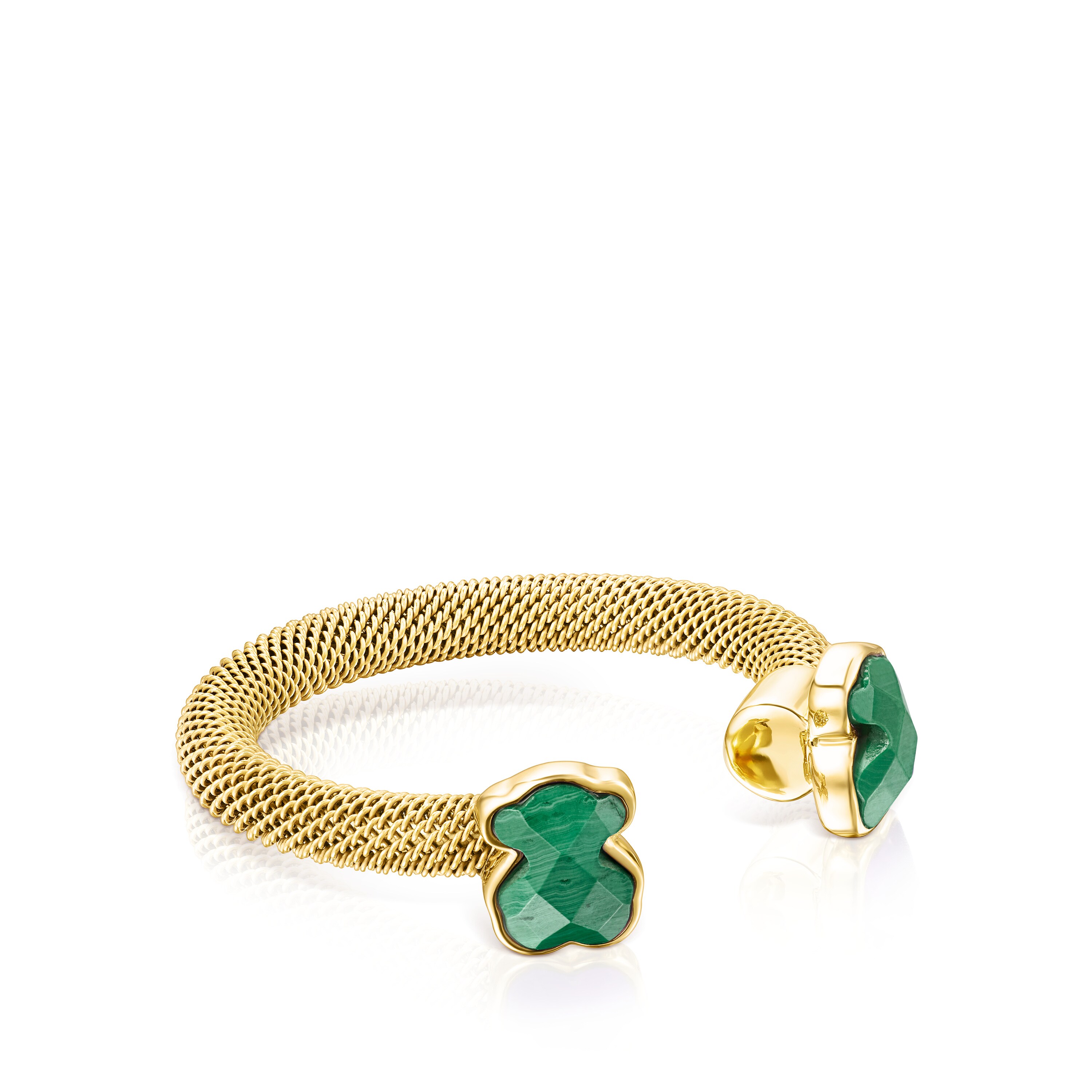 Gold-colored IP Steel Mesh Color open Ring with Malachite