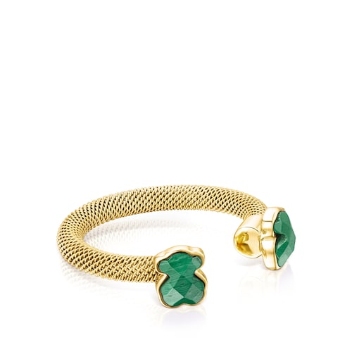 Gold-colored IP Steel Mesh Color open Ring with Malachite