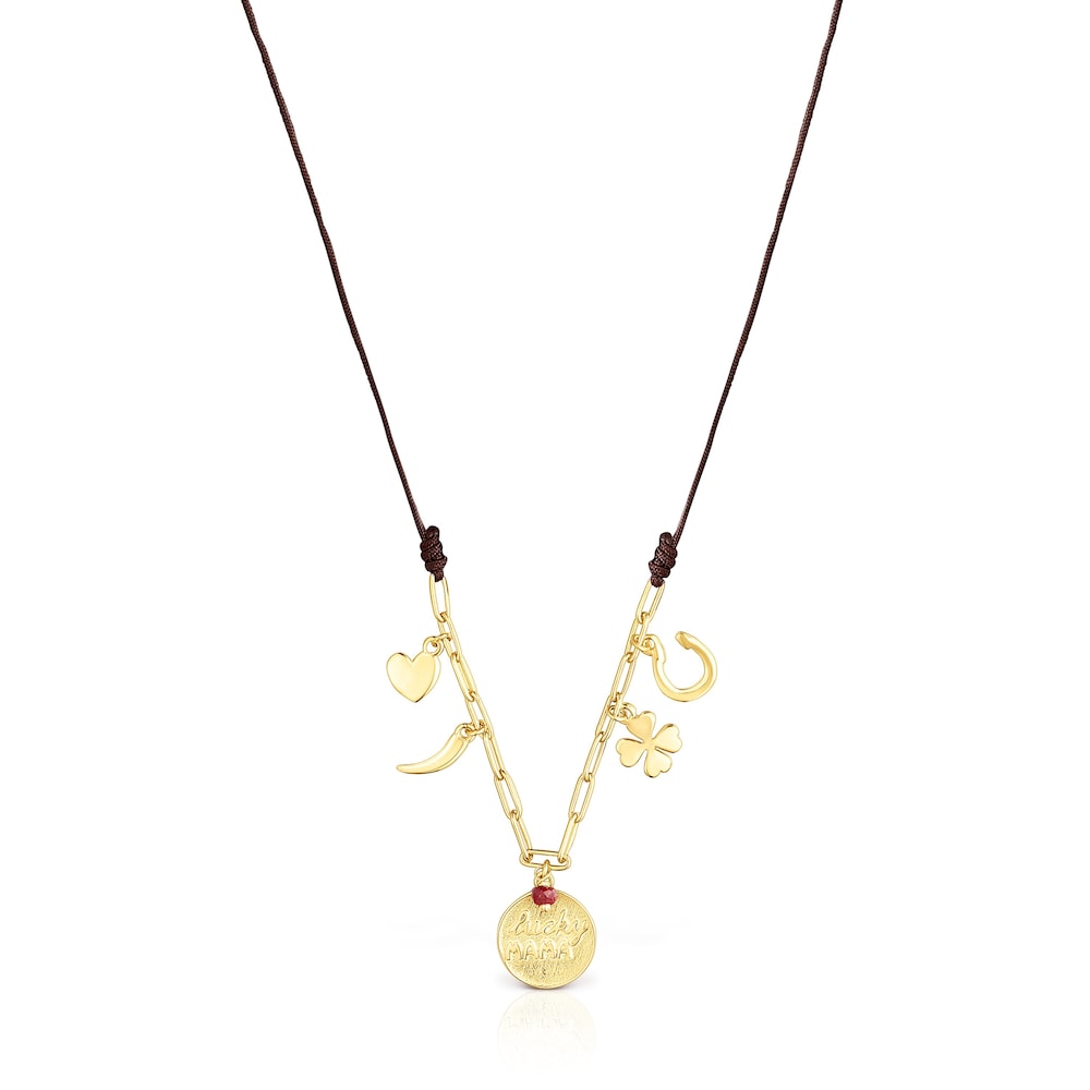 Collar TOUS Good Vibes Mama con ba&ntilde;o de oro 18 kt sobre plata, rub&iacute; y cord&oacute;n marr&oacute;n image number 0
