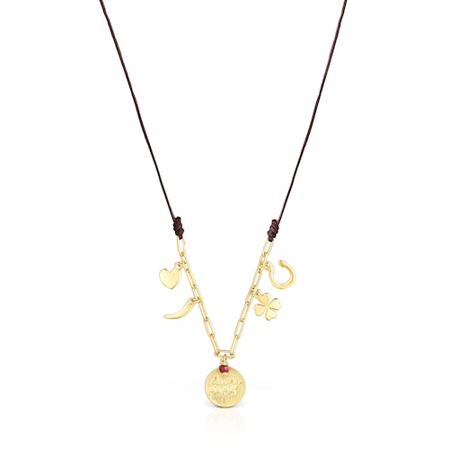 Collar con ba&ntilde;o de oro 18 kt sobre plata, rub&iacute; y cord&oacute;n marr&oacute;n TOUS Good Vibes Mama image number 0