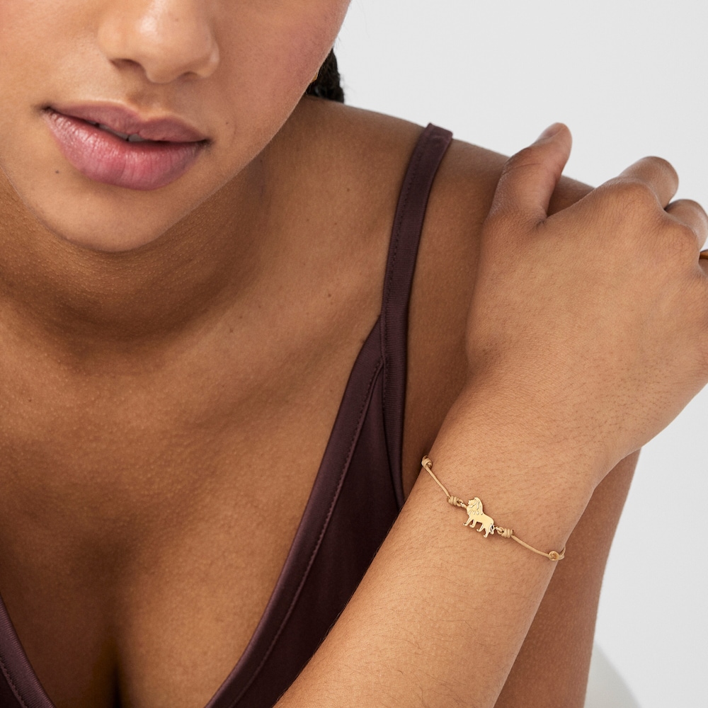 Pulsera león con baño de oro 18 kt sobre plata y cordón beige Save