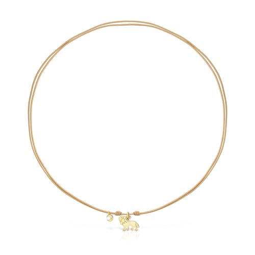 Collar Save le&oacute;n con ba&ntilde;o de oro 18 kt sobre plata y Cord&oacute;n beige