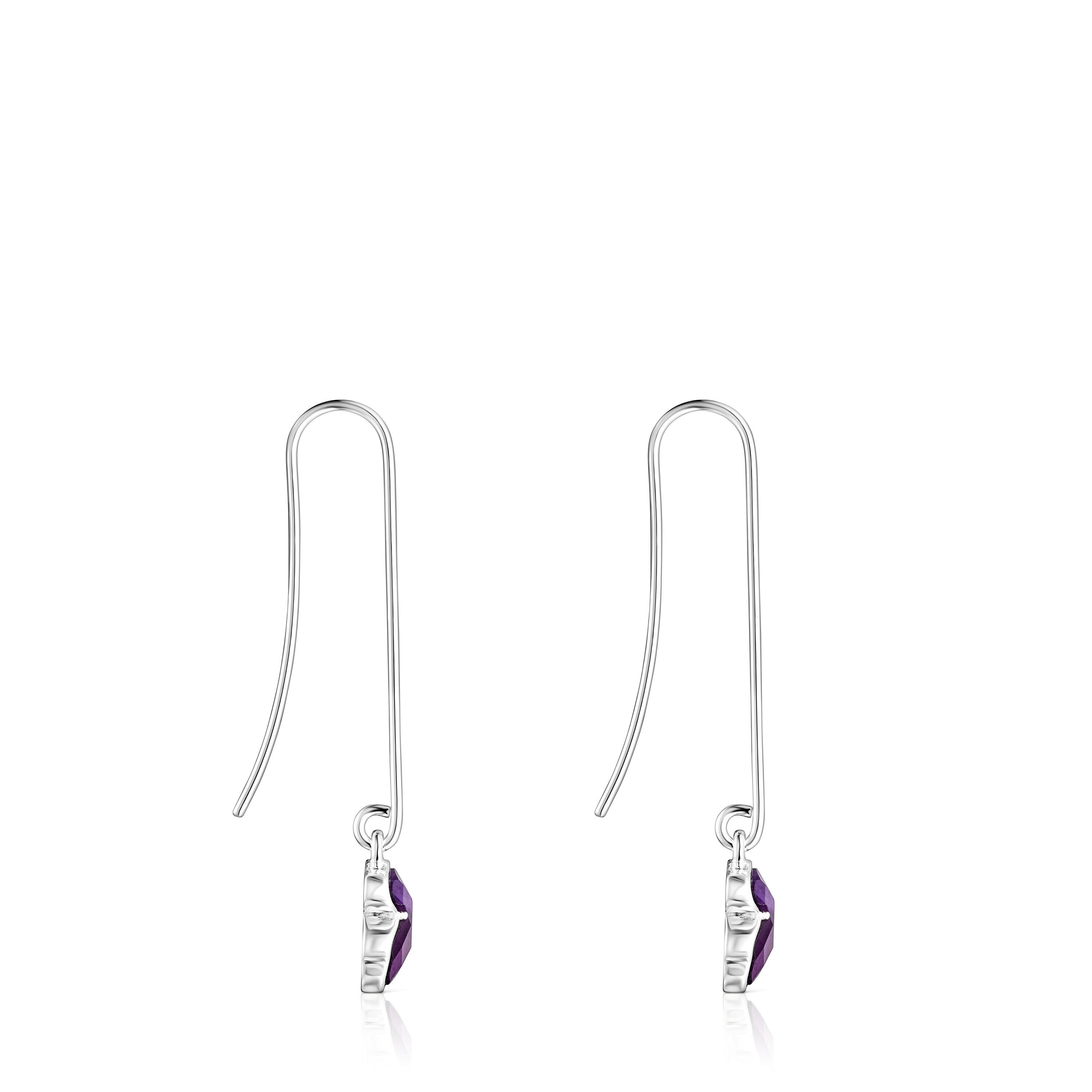 Long Silver and Amethyst Icon Color Earrings