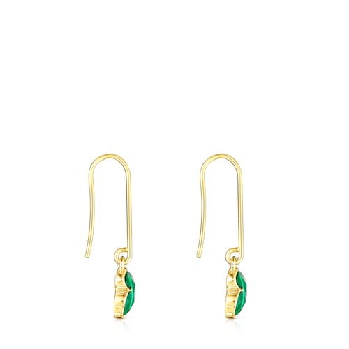 Pendientes largos con baño de oro 18 kt sobre plata y malaquita Icon Color