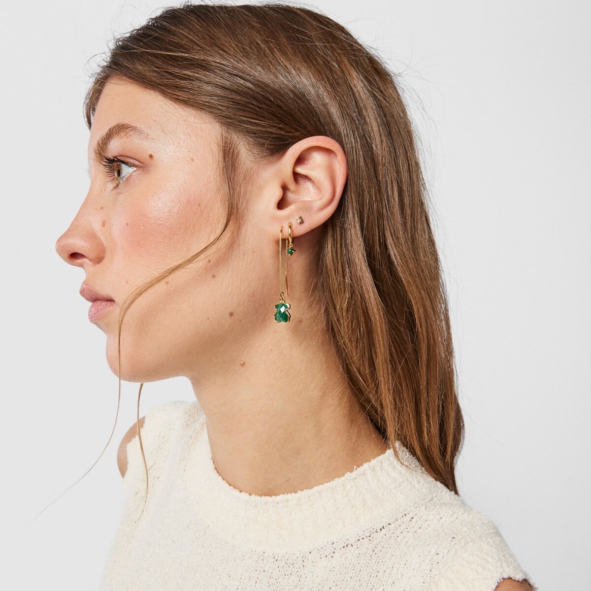 Pendientes largos con baño de oro 18 kt sobre plata y malaquita Icon Color