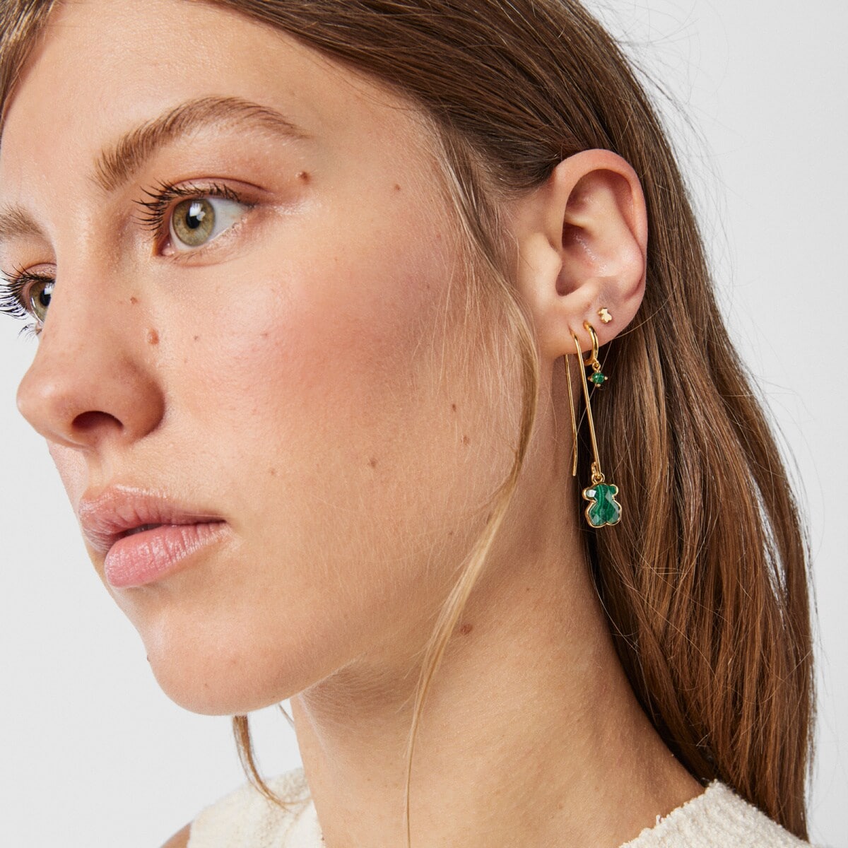 Pendientes largos con baño de oro 18 kt sobre plata y malaquita Icon Color