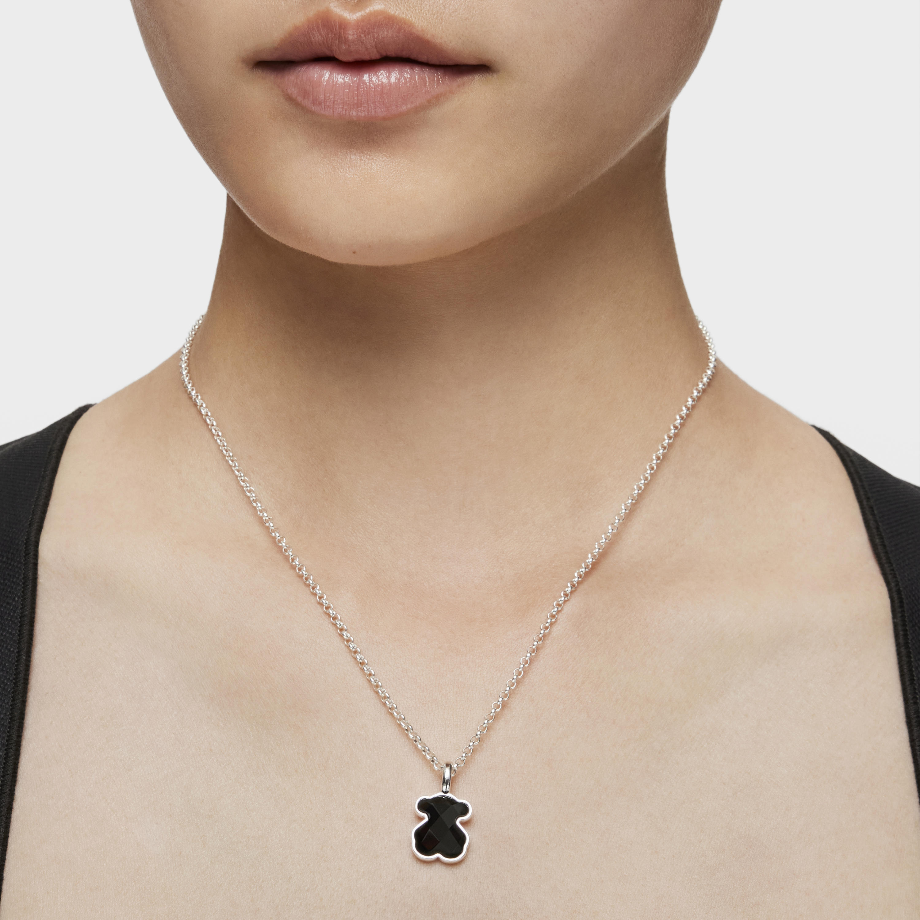 Silver TOUS Color Pendant with medium faceted onyx Bear motif