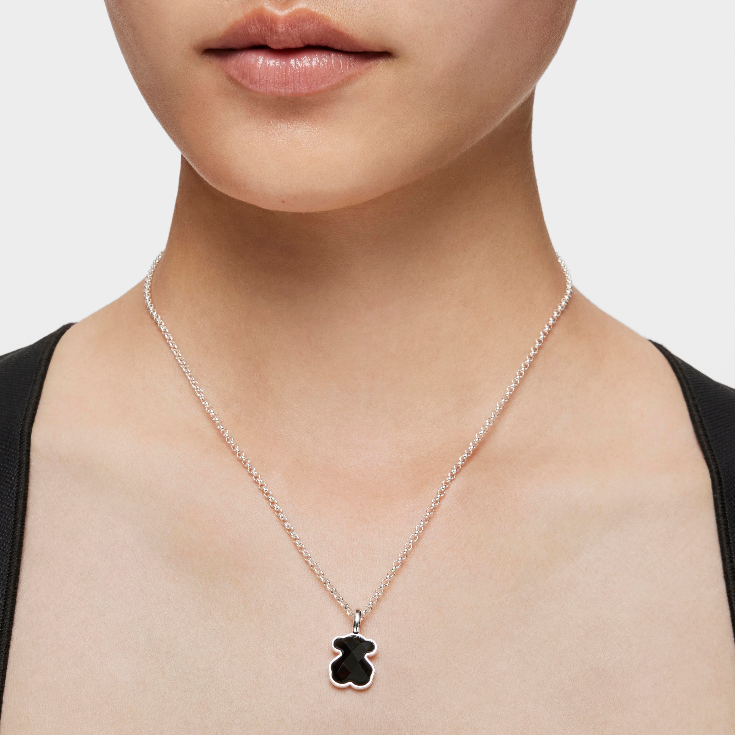 Silver TOUS Color Pendant with medium faceted onyx Bear motif