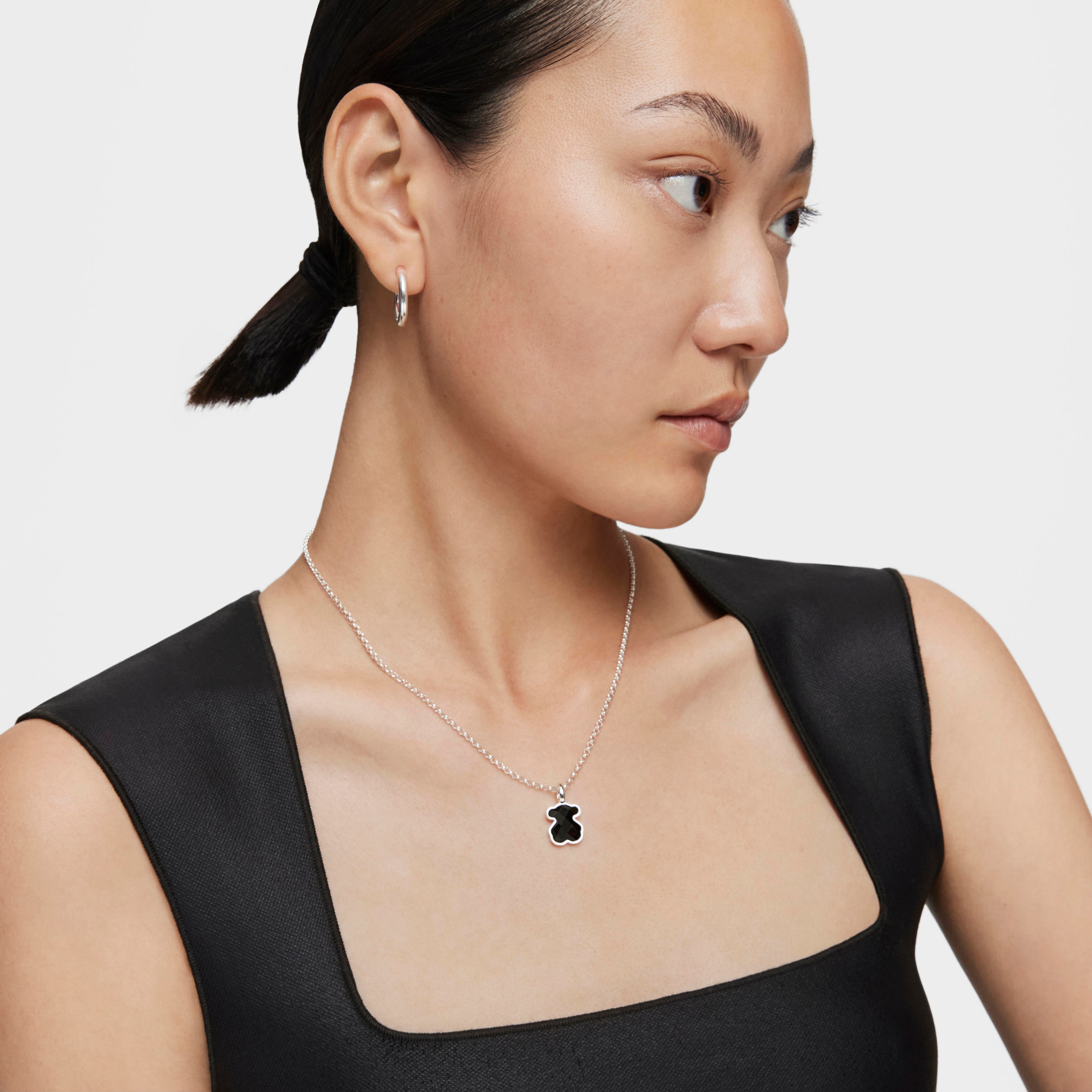 Silver TOUS Color Pendant with medium faceted onyx Bear motif