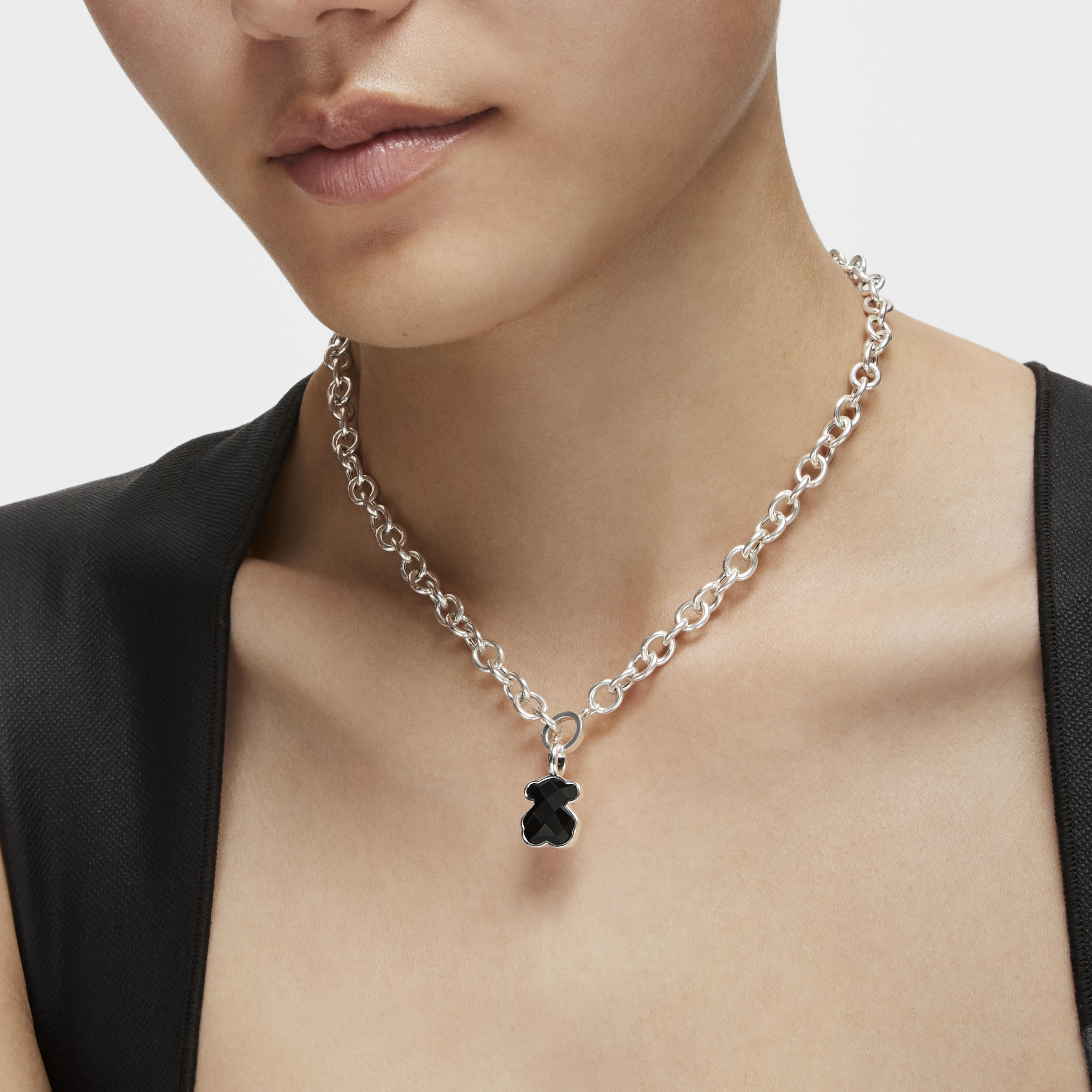 Silver TOUS Color Pendant with medium faceted onyx Bear motif