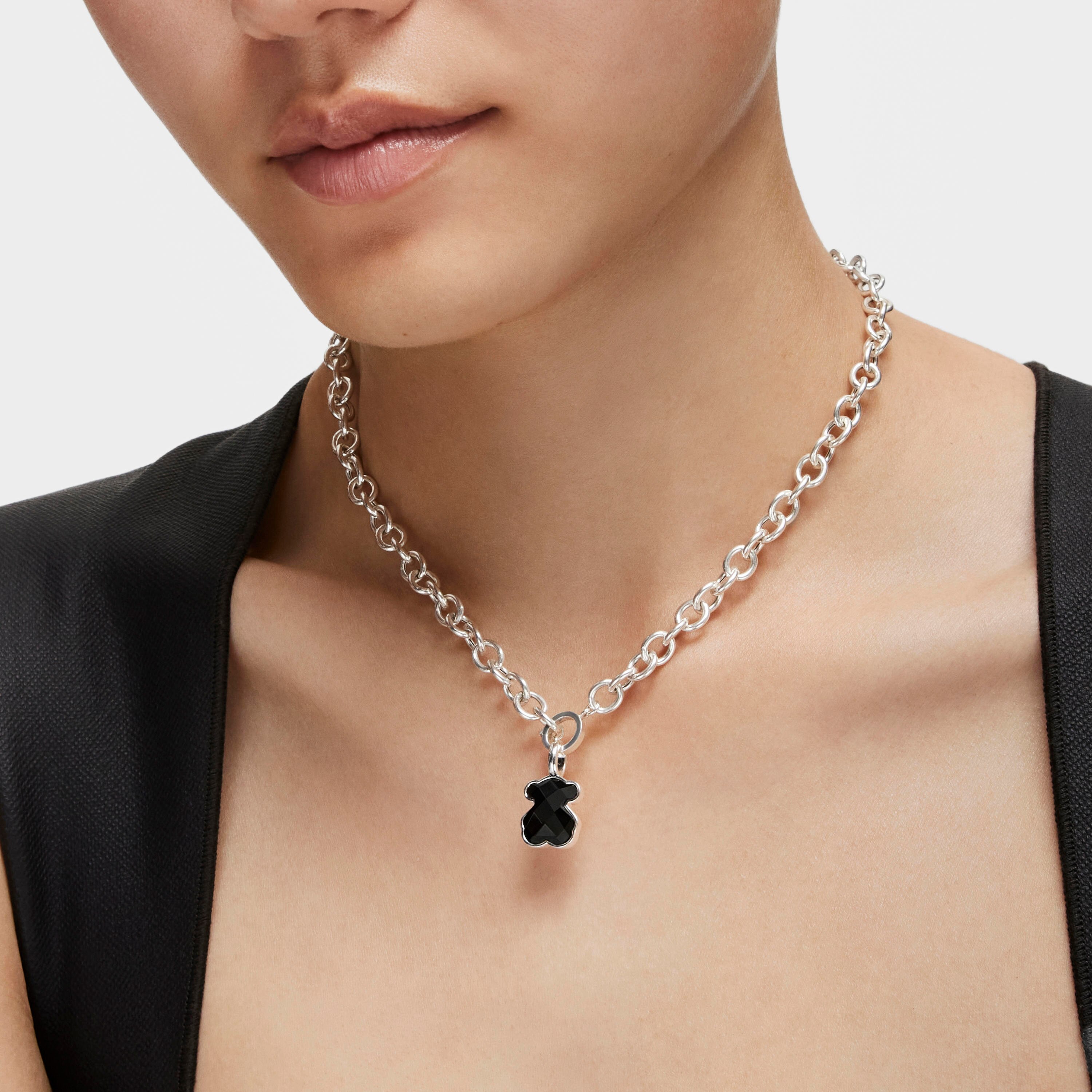 Silver TOUS Color Pendant with medium faceted onyx Bear motif