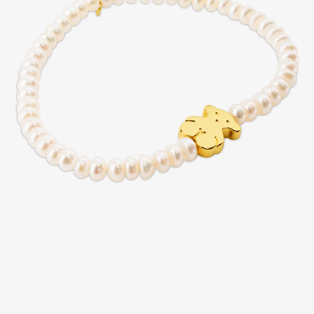 Pulsera el&aacute;stica de oro y perlas cultivadas motivo oso de 1,15cm, Sweet Dolls
