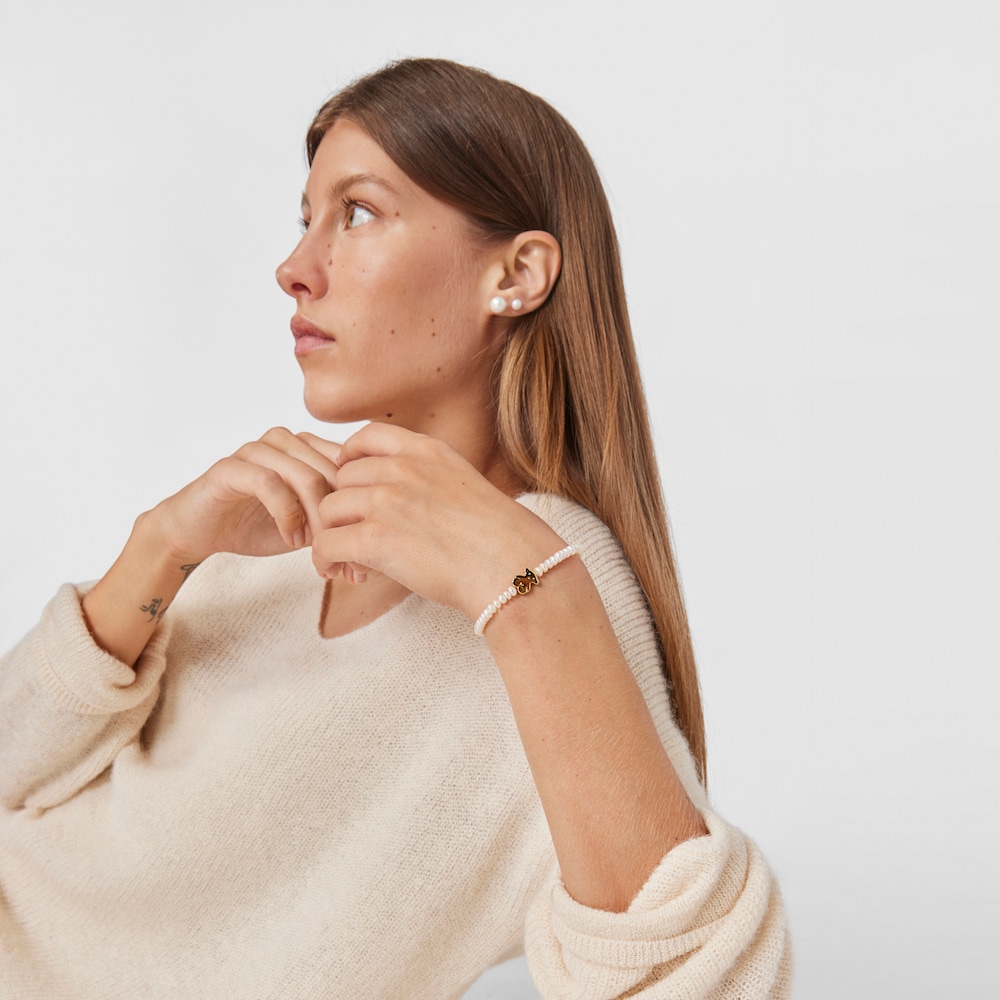 Pulsera el&aacute;stica de oro y perlas cultivadas motivo oso de 1,15cm, Sweet Dolls