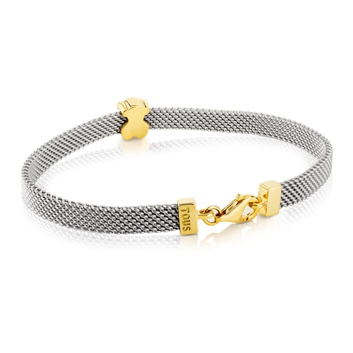 Pulsera de oro y acero motivo oso de 0,5cm Mesh