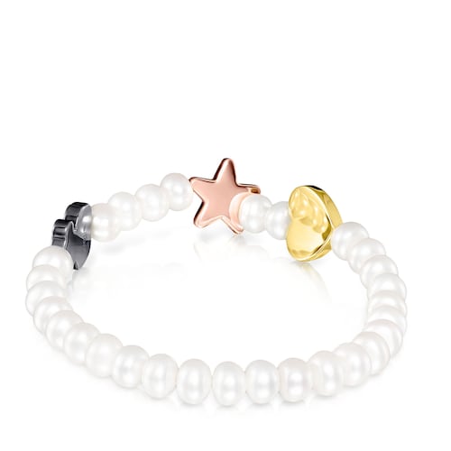 Pulsera de perlas con ba&ntilde;o de oro rosa y amarillo 18 kt sobre plata y plata dark silver Sweet Dolls