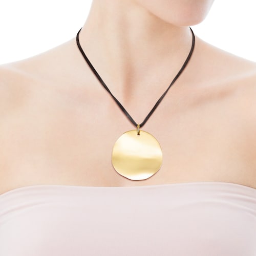 Collar pétalo con baño de oro 18 kt sobre plata y cordón marrón Nenufar