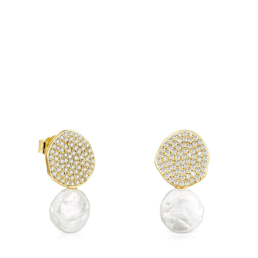 18K solid gold Nenufar Earrings with Diamonds and Pearl