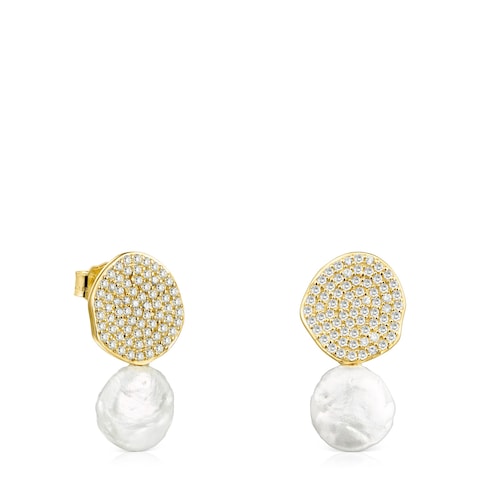 18K solid gold Nenufar Earrings with Diamonds and Pearl