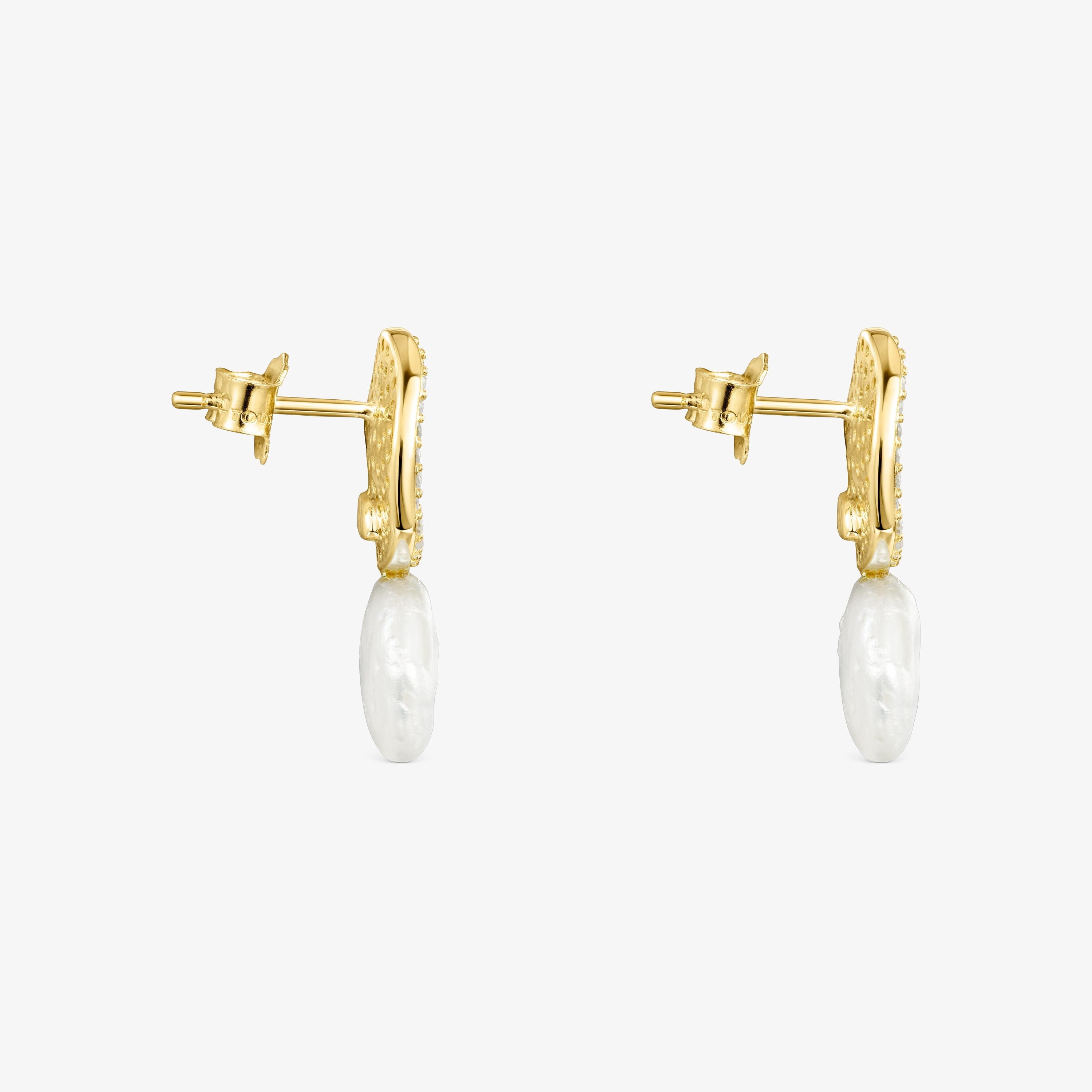 18K solid gold Nenufar Earrings with Diamonds and Pearl
