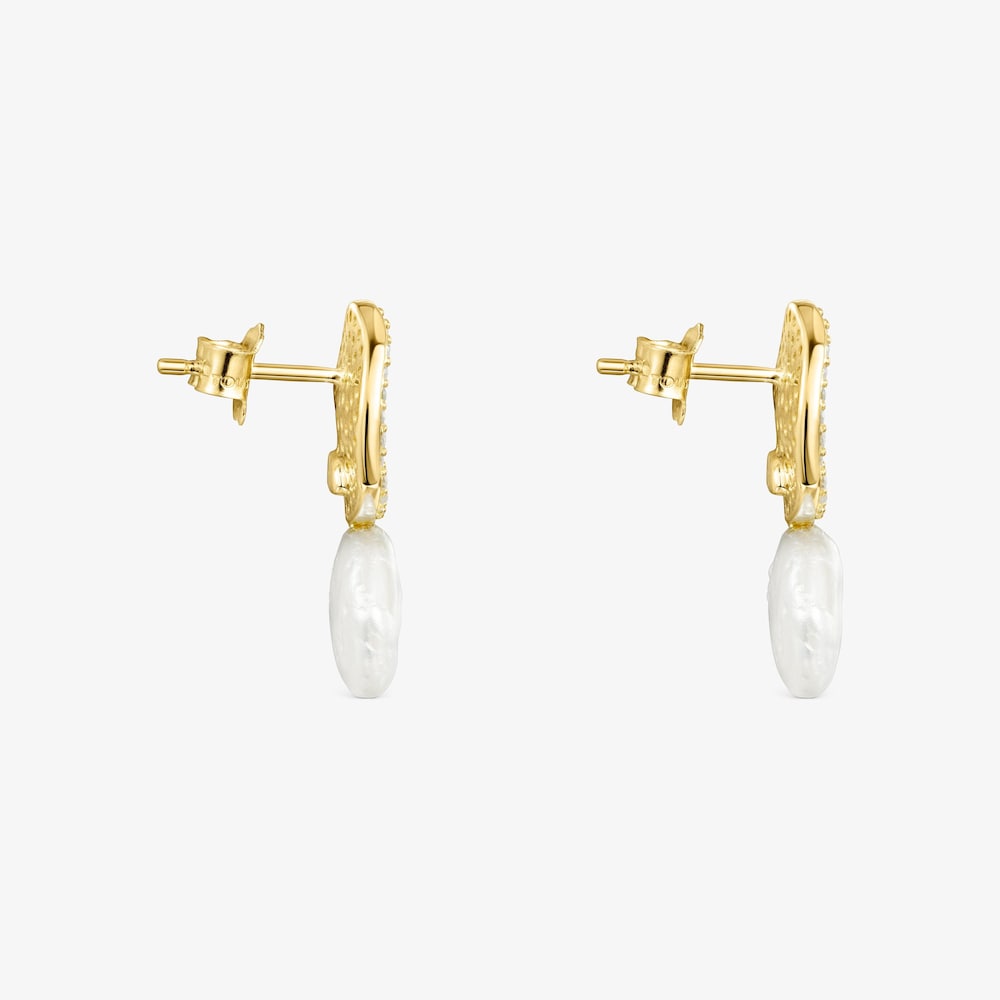 18K solid gold Nenufar Earrings with Diamonds and Pearl