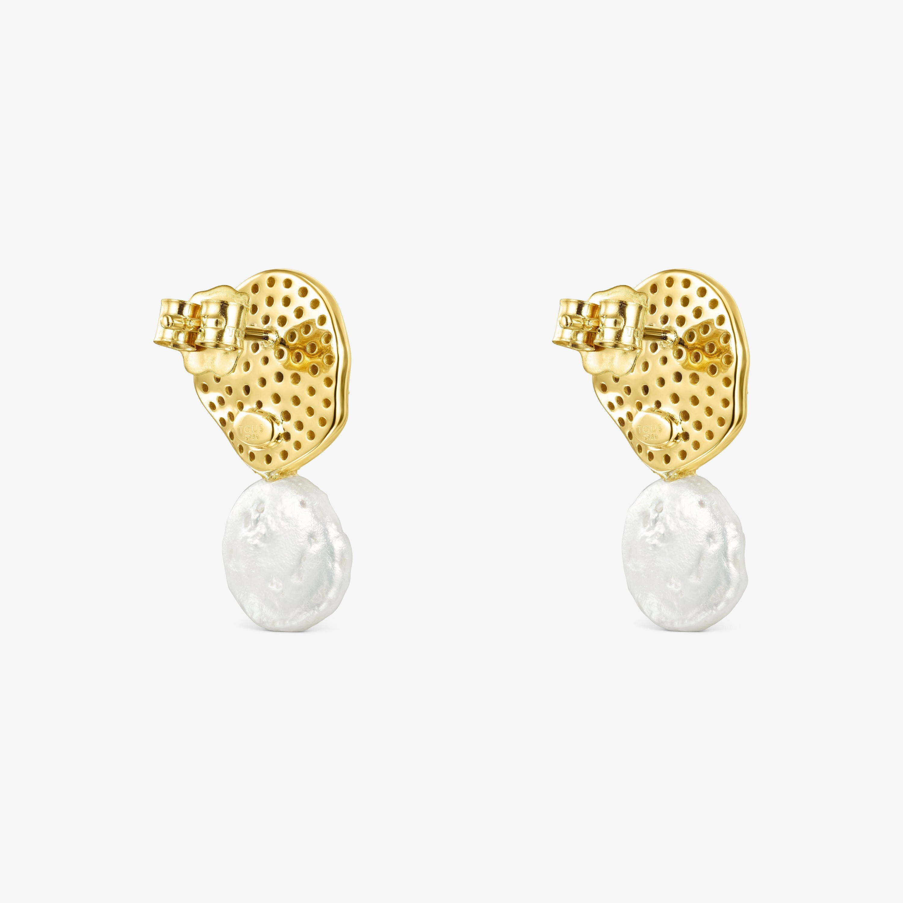 18K solid gold Nenufar Earrings with Diamonds and Pearl