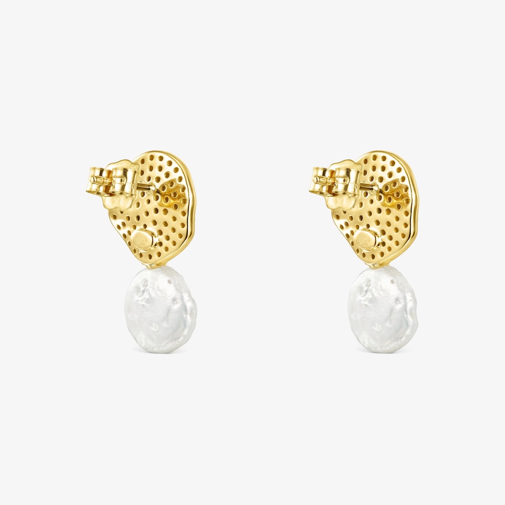 18K solid gold Nenufar Earrings with Diamonds and Pearl