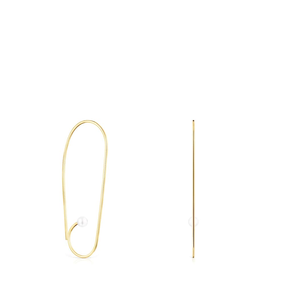 Aretes largos Nenufar p&eacute;talo con ba&ntilde;o de oro 18 kt sobre plata y perlas