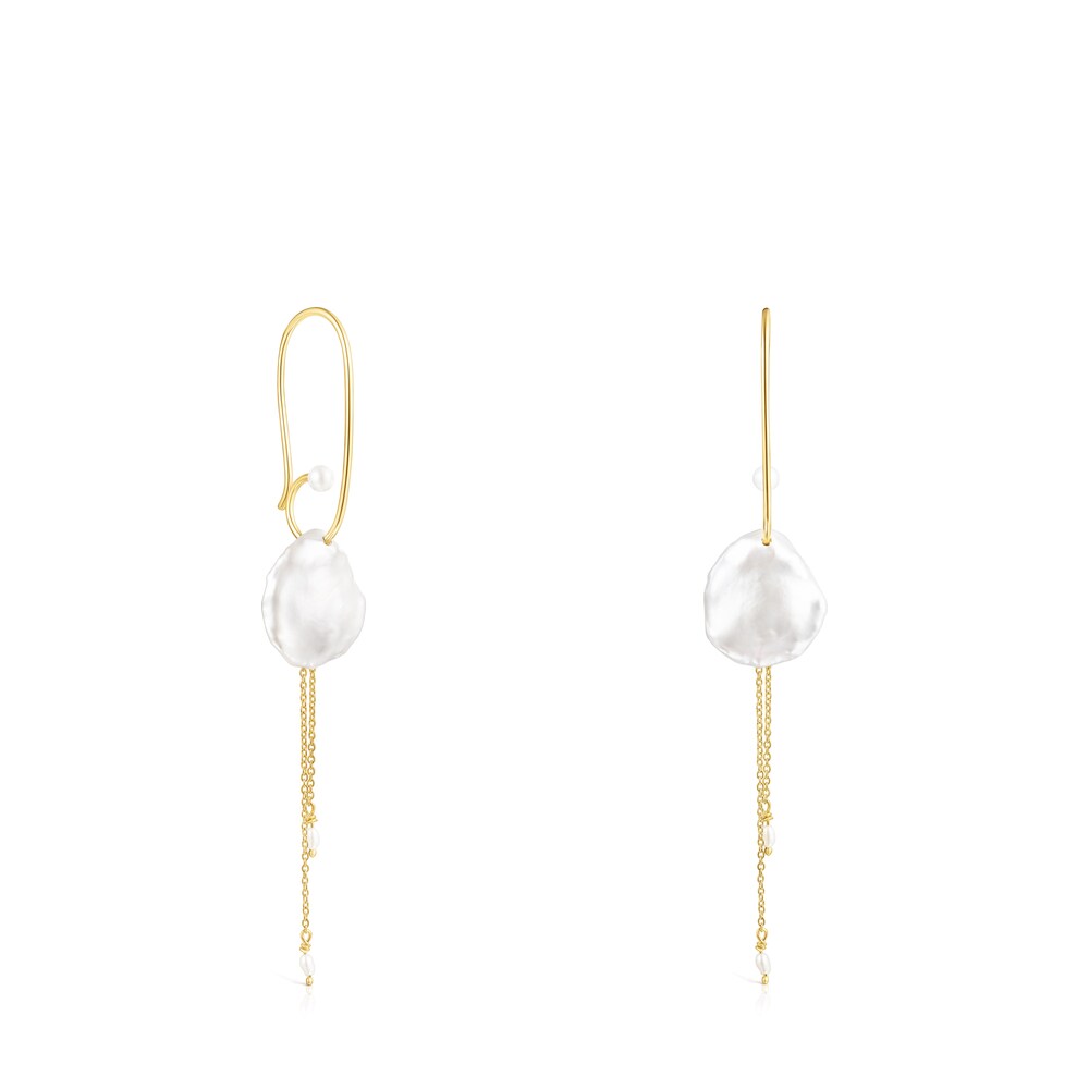 Pendientes largos pétalo con baño de oro 18 kt sobre plata y perla Nenufar image number 0