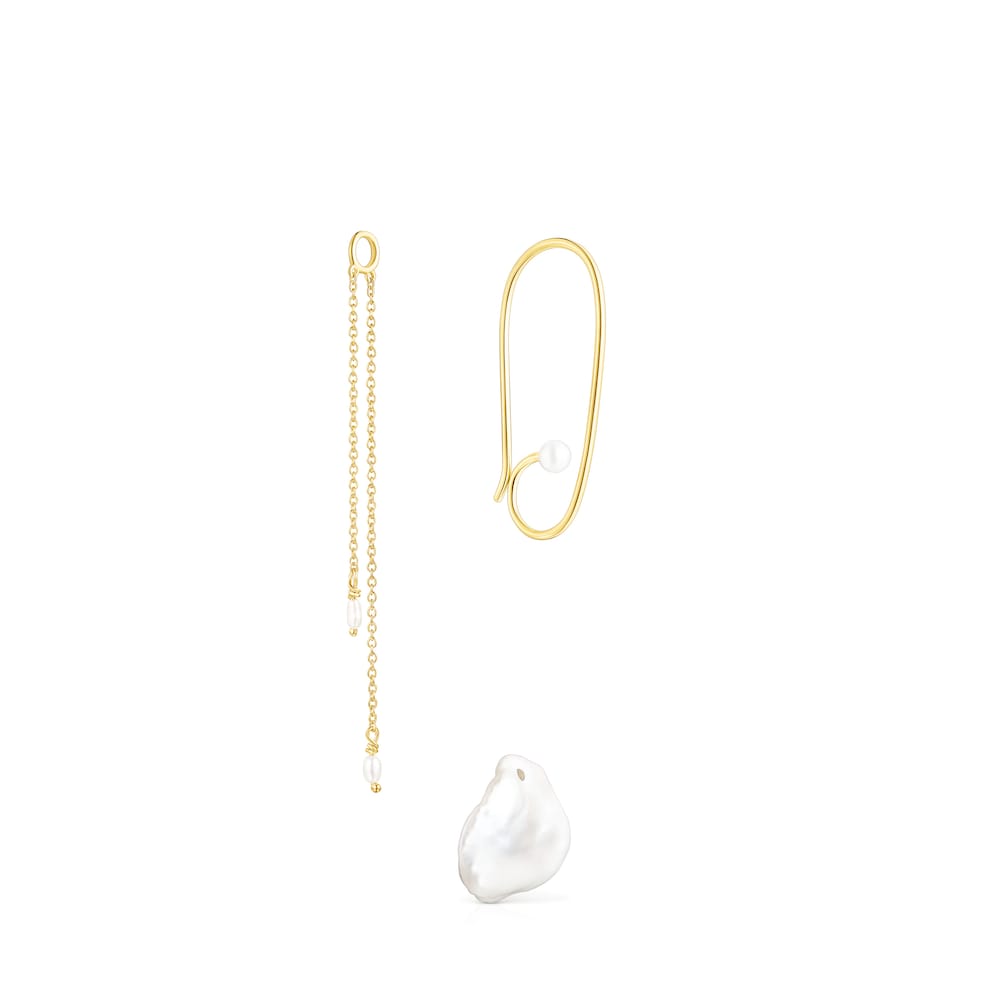 Pendientes largos pétalo con baño de oro 18 kt sobre plata y perla Nenufar image number 1