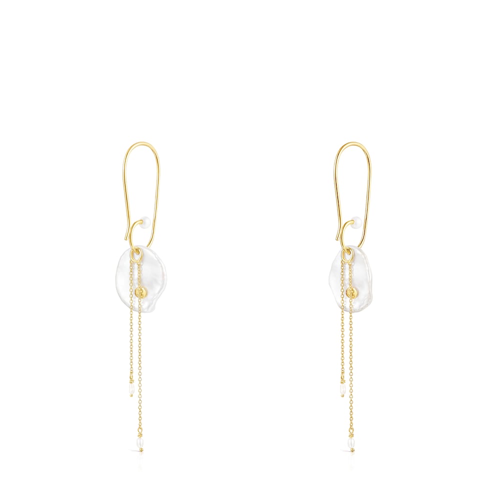 Pendientes largos pétalo con baño de oro 18 kt sobre plata y perla Nenufar image number 2