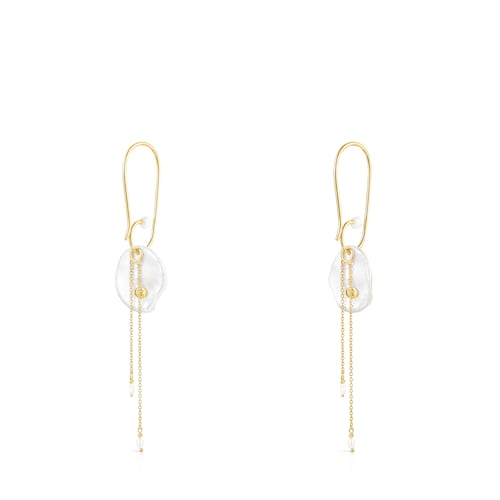 Long Silver Vermeil Nenufar petal Earrings with Pearls
