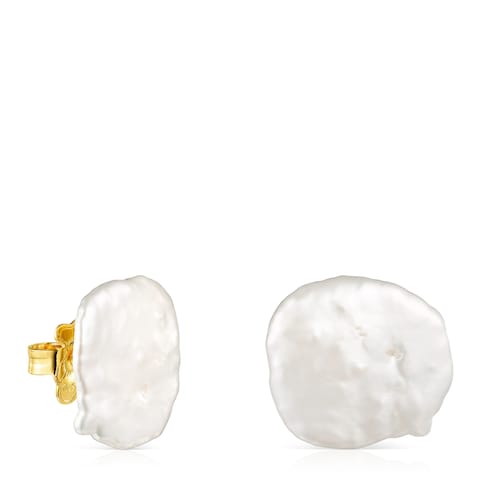 Pendientes pequeños pétalo con baño de oro 18 kt sobre plata y perla Nenufar image number 0