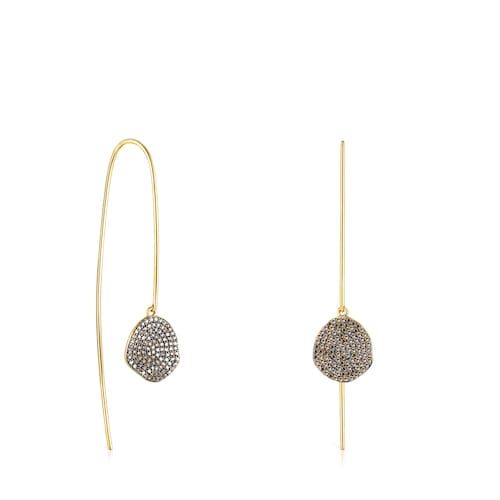 Aretes largos Nenufar con ba&ntilde;o de oro 18 kt sobre plata y diamantes