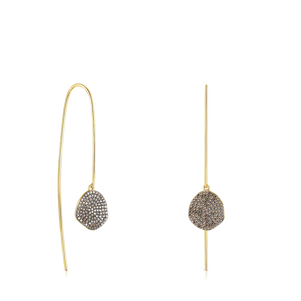 Pendientes largos con baño de oro 18 kt sobre plata y diamantes Nenufar image number 0