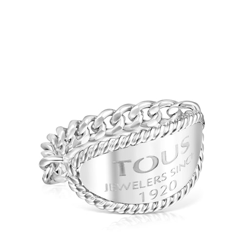Silver TOUS Minne Ring with oval medallion with letters TOUS engraving