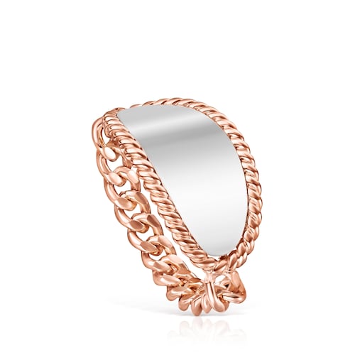 Anillo de plata vermeil rosa y plata con medalla oval TOUS Minne