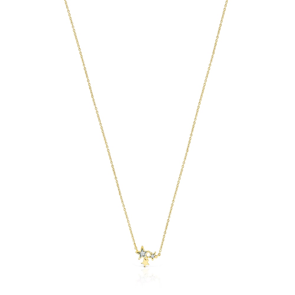 18K Solid Gold Teddy Bear Stars Necklace with Diamonds