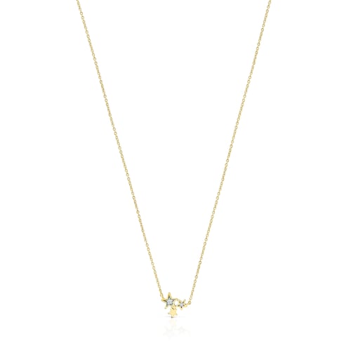 18K Solid Gold Teddy Bear Stars Necklace with Diamonds