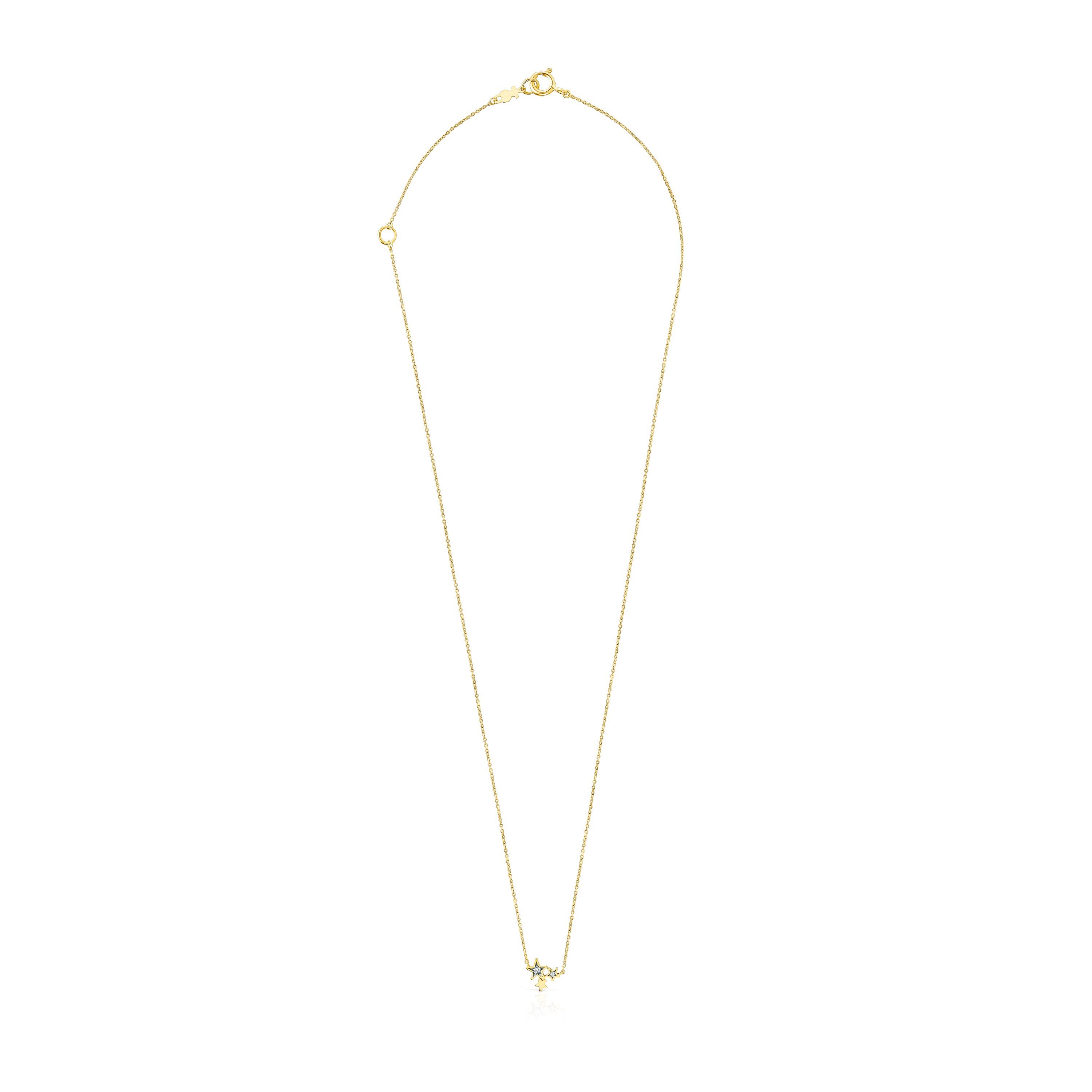 18K Solid Gold Teddy Bear Stars Necklace with Diamonds