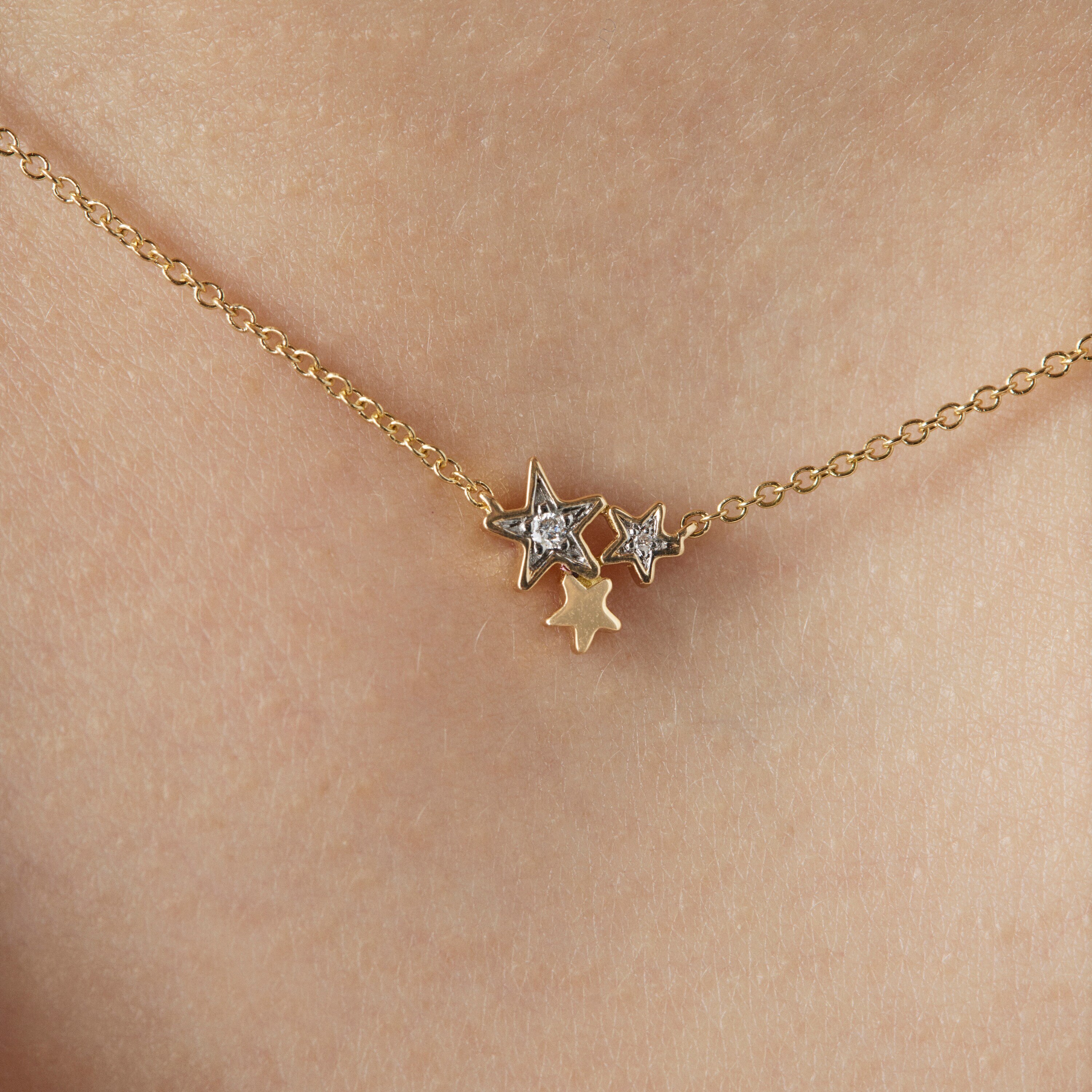 18K Solid Gold Teddy Bear Stars Necklace with Diamonds