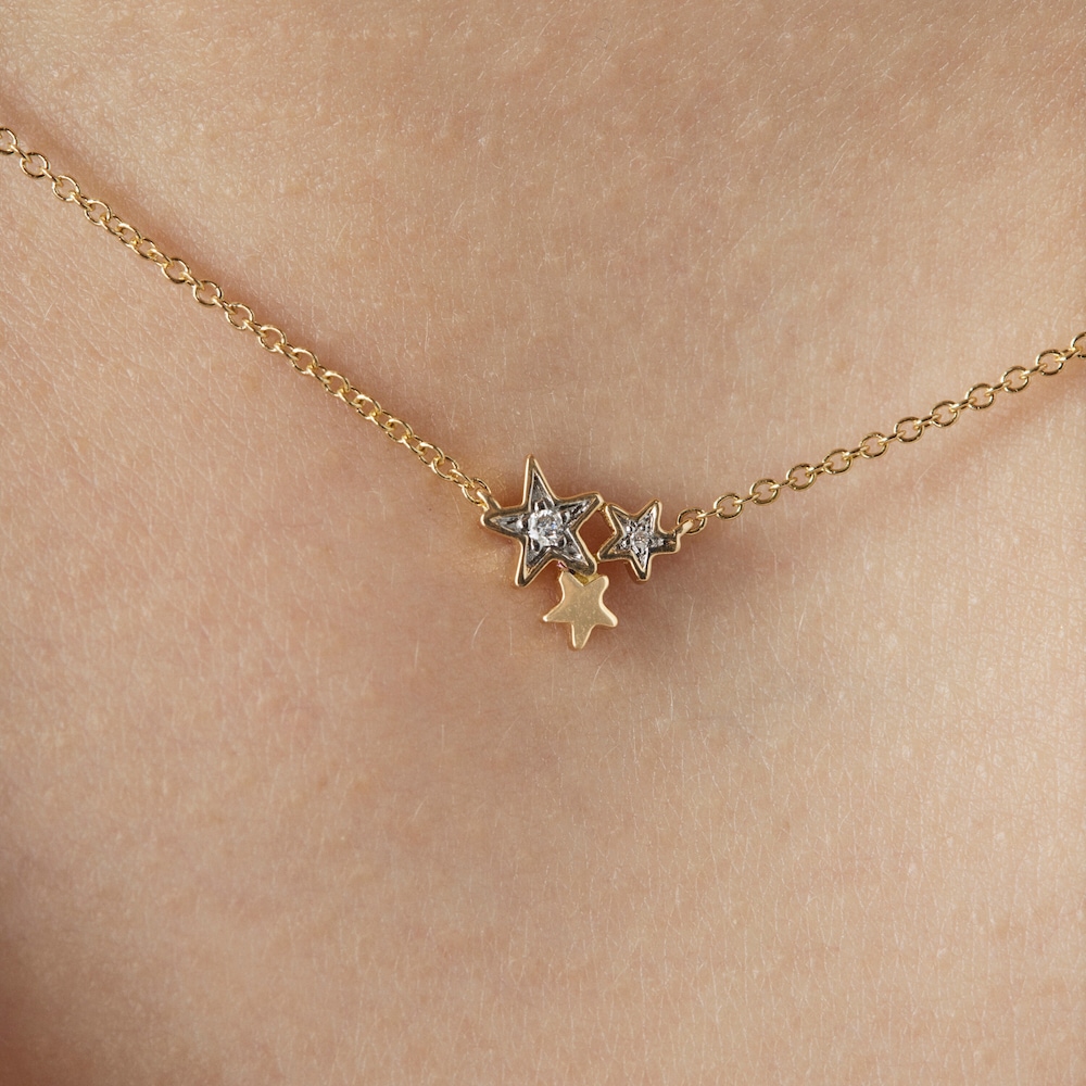 18K Solid Gold Teddy Bear Stars Necklace with Diamonds