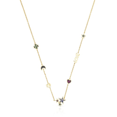 Silver Vermeil Teddy Bear Necklace with Gemstones