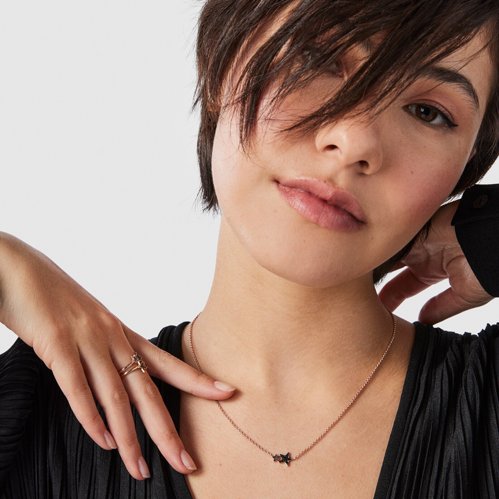 Rose Silver Vermeil Teddy Bear Stars Necklace with Spinel and Ruby