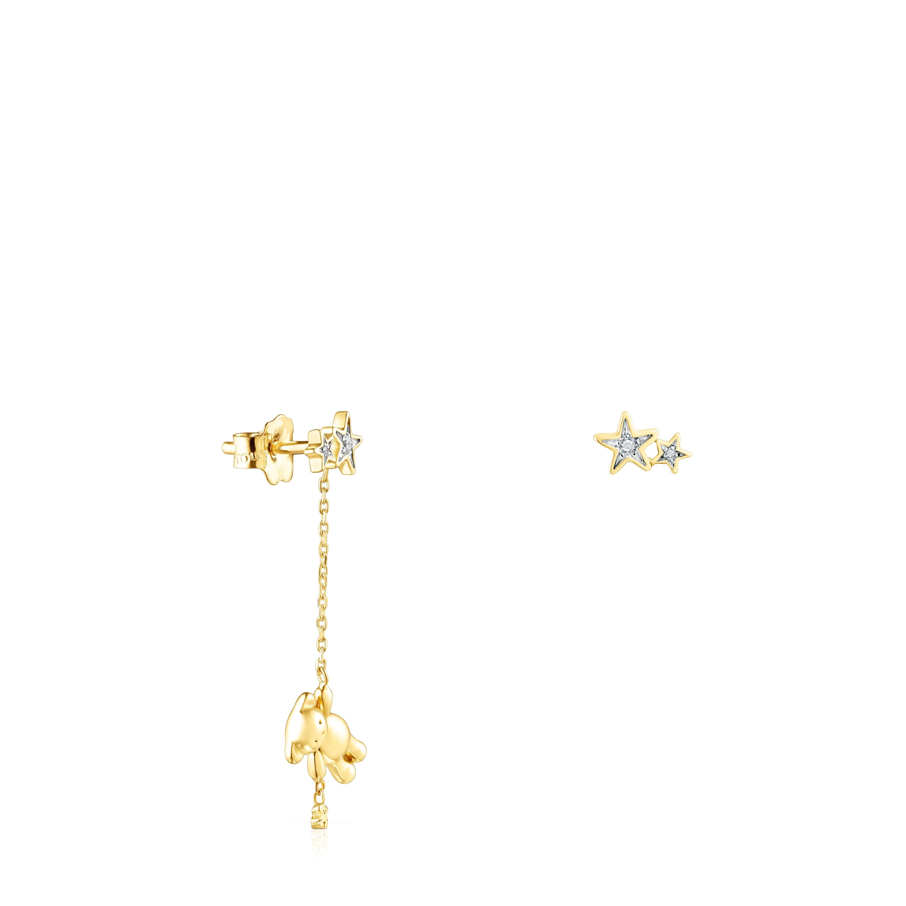 Short/long 18K Solid Gold Teddy Bear Stars Earrings with Diamonds
