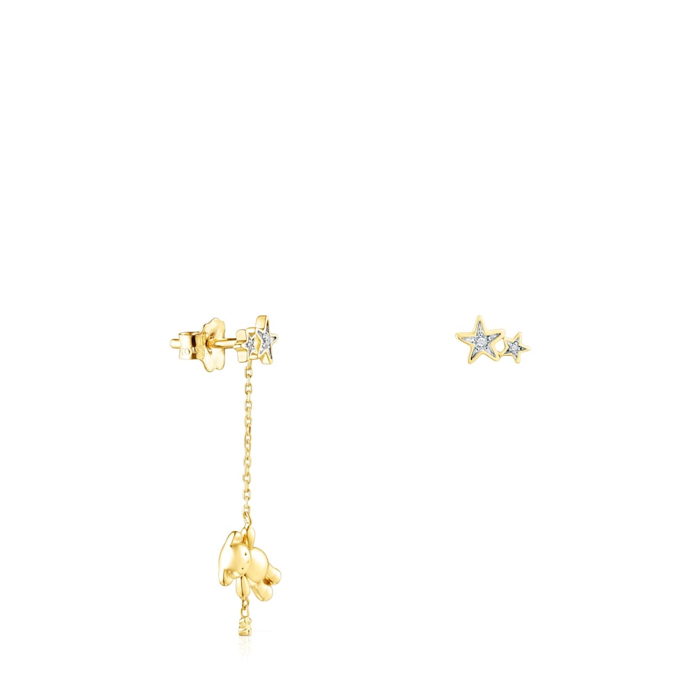 Short-long Gold Teddy Bear Stars Earrings with Diamonds