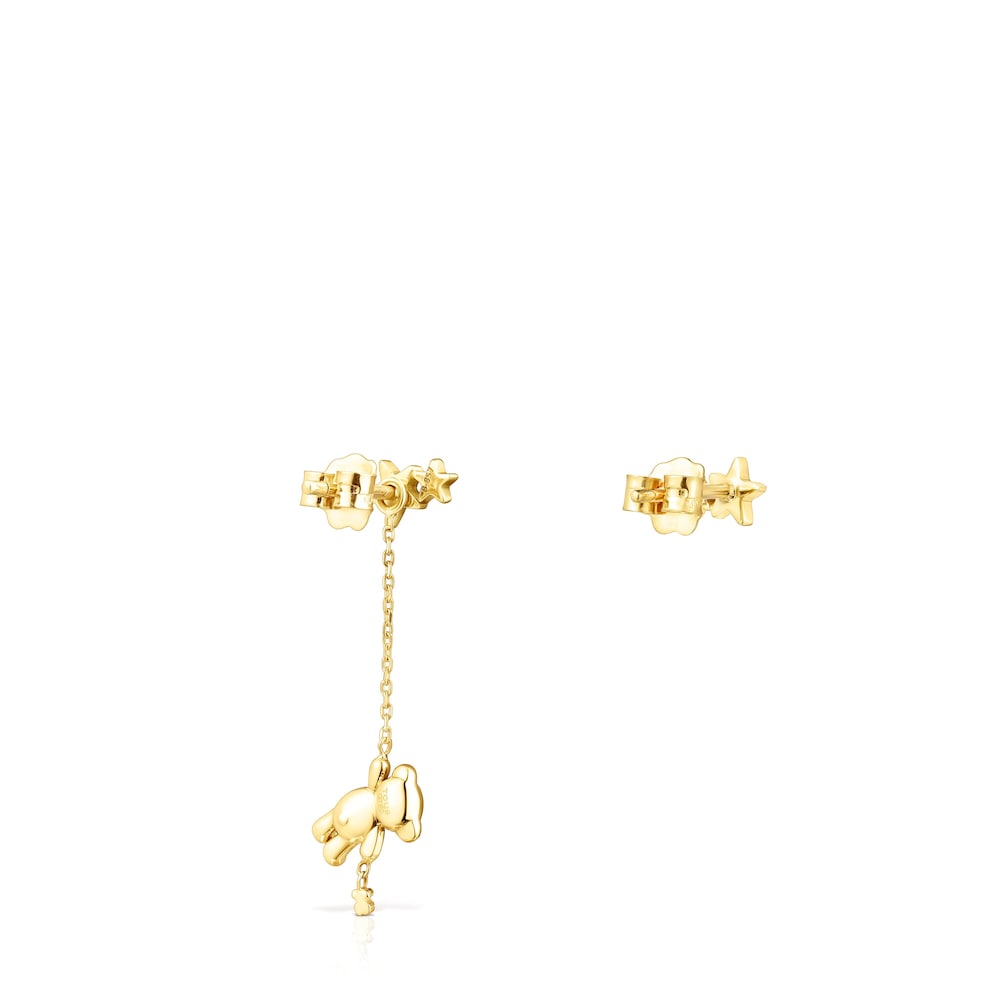 Short-long Gold Teddy Bear Stars Earrings with Diamonds