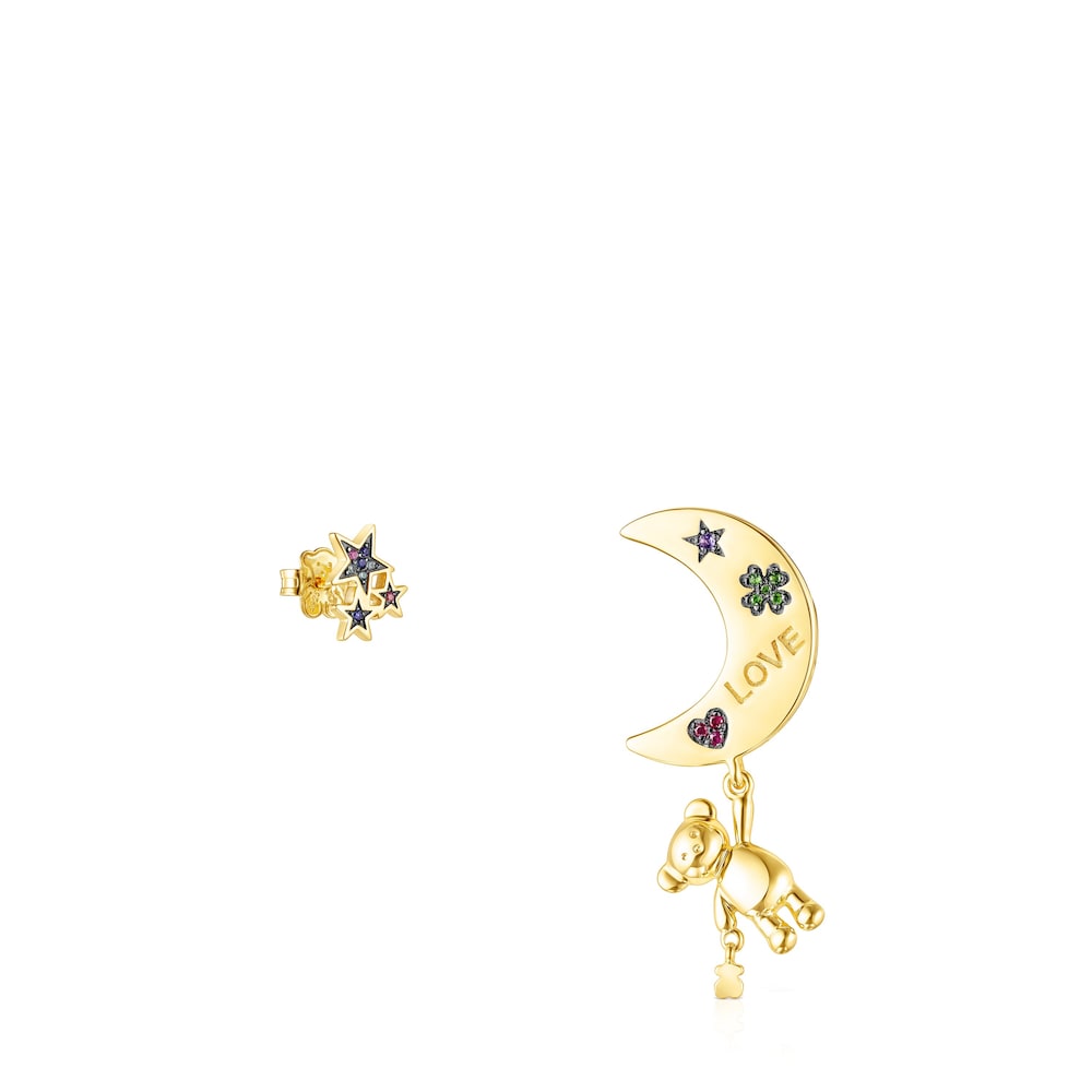 Short/long Silver Vermeil Teddy Bear Stars moon Earrings with Gemstones image number 0