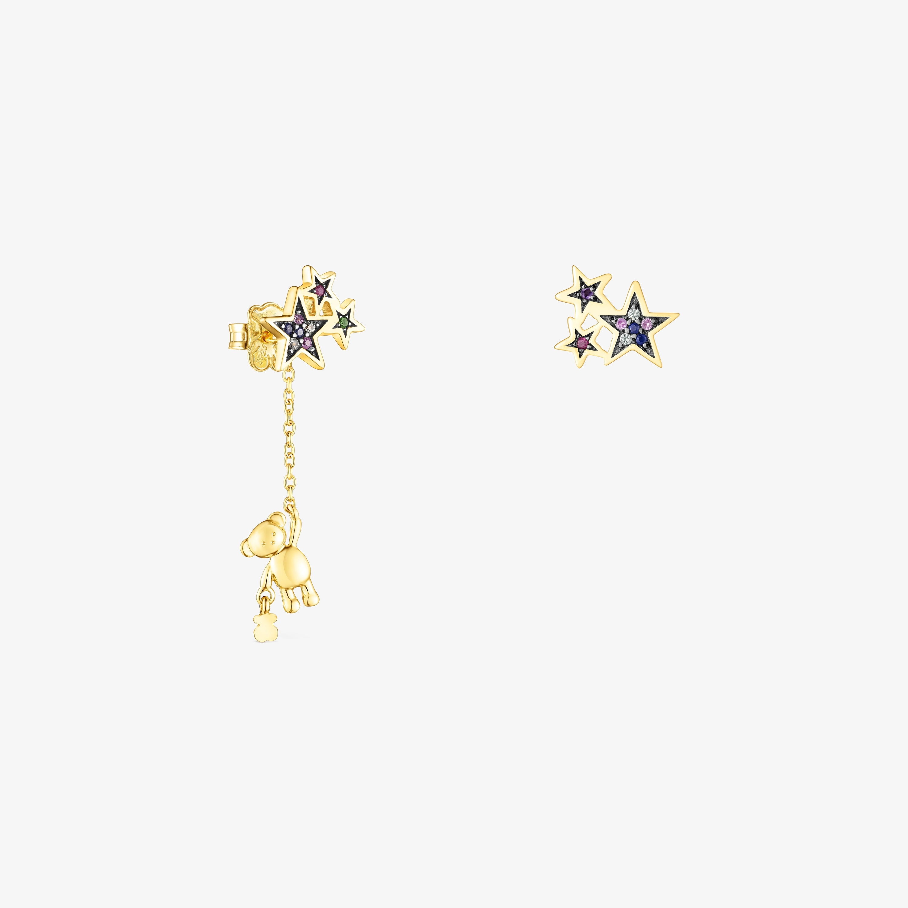 Short/long Silver Vermeil Teddy Bear Stars Earrings with Gemstones
