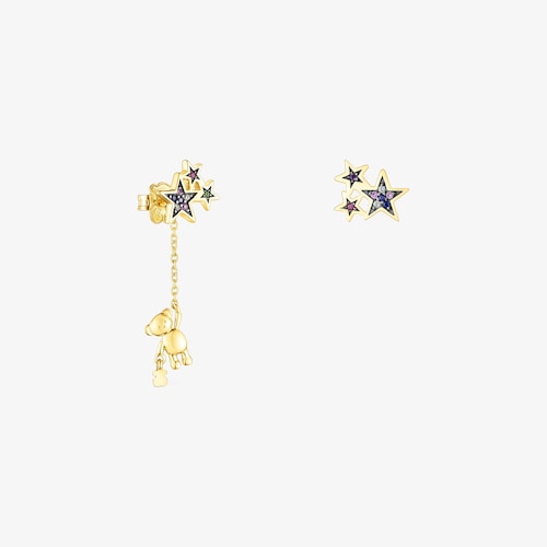 Aretes corto/largo Teddy Bear Stars con ba&ntilde;o de oro 18 kt sobre plata y gemas
